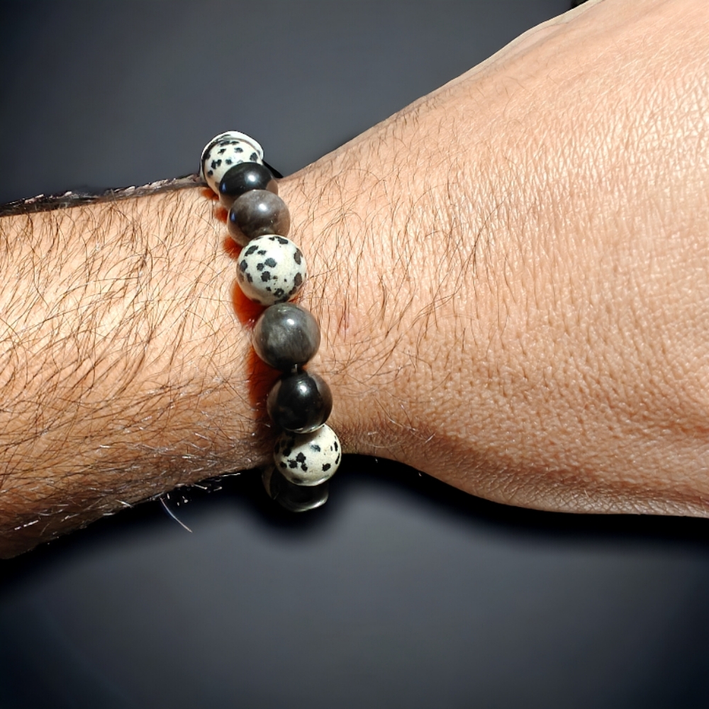 Silver Obsidian and Dalmatian Stone Bracelet 10mm Unisex - Picture 5 of 5